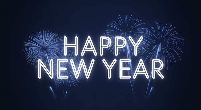 Happy new year text with blue fireworks on black background