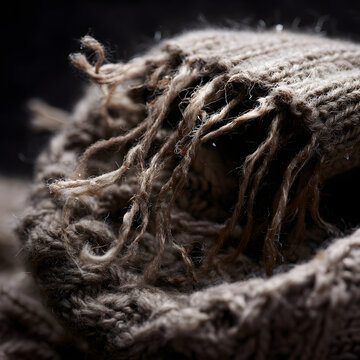 Macro close-up shot of frayed, distressed brown wool fabric showing loose threads and rough texture on a dark background.