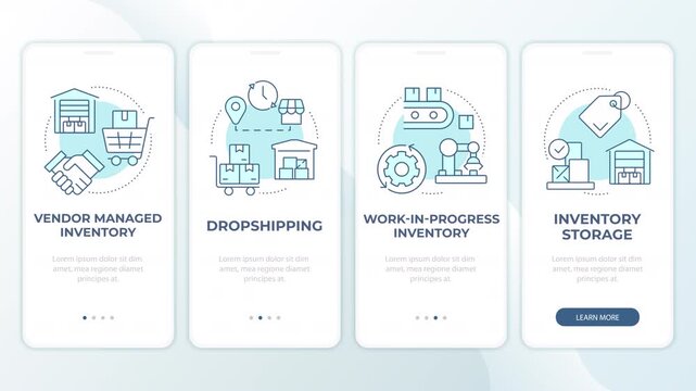 Smart logistics operations management animated mobile app onboarding. Digital supply chain optimization. Welcome screen UI. Carousel walkthrough animation with blue monochrome concept icons
