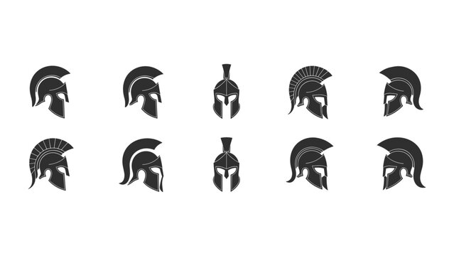 A collection of ten different spartan helmet icons depicted as vector silhouettes isolated for historical warrior themed graphic design projects