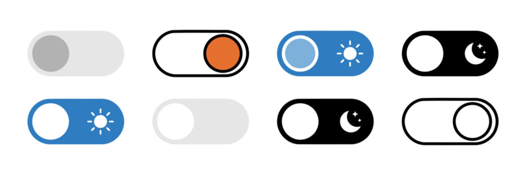 Collection of toggle switch buttons in various states and colors with UI switch on off dark mode light mode