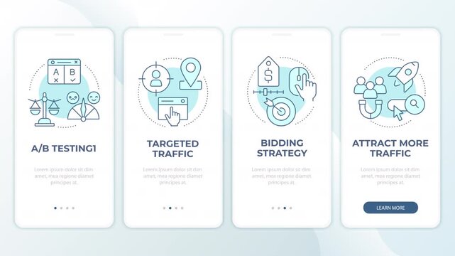Digital marketing conversion animated mobile app onboarding. Scaling modern conversion rate. Consumer engagement. Welcome screen UI. Carousel walkthrough animation with blue monochrome concept icons