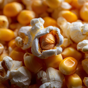 Extreme macro close-up of a single popcorn kernel popping open, surrounded by unpopped yellow corn kernels and white puffed popcorn.