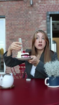 Vertical screen food quality inspector is shocked after testing a cake and finding dangerously high levels of harmful additives during a routine cafe food safety testings