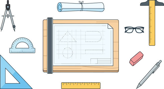 Drafting Technical Drawing Icon Set with Drawing Board, T-Square, Compass, Protractor, Triangle Ruler, Blueprint, and Eraser for Design
