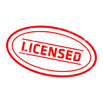 A bold red rubber stamp style featuring the word licensed enclosed within a double oval border on a solid black background isolated on a transparent background