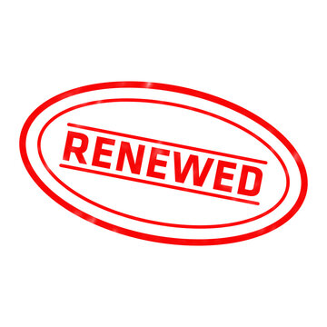 A bold red rubber stamp style featuring the word renewed enclosed within a double oval border on a solid black background isolated on a transparent background