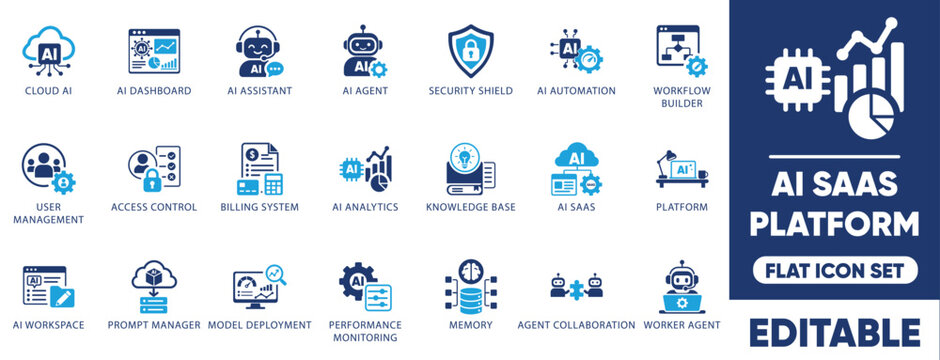 AI SaaS platform flat icon set. featuring AI agents, prompt manager, workflow builder, cloud AI, and model deployment symbols.
