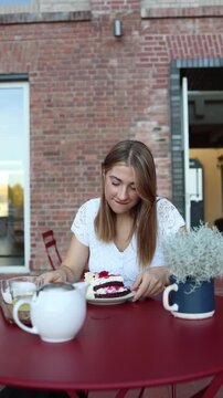 Vertical screen woman eats cake after peptide injection showing weight loss drugs increasingly used off label by people seeking easier appetite control and faster results