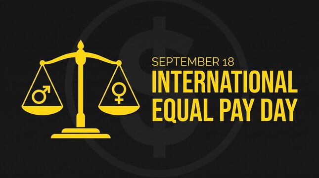 International Equal Pay Day concept for September 18. Gender equality scales with male and female symbols. Wage gap awareness banner.