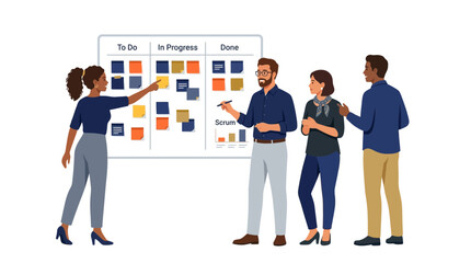Obraz premium Diverse business team collaborating together in a productive corporate workspace while organizing tasks and project management schedules effectively on a large collaborative planning board daily