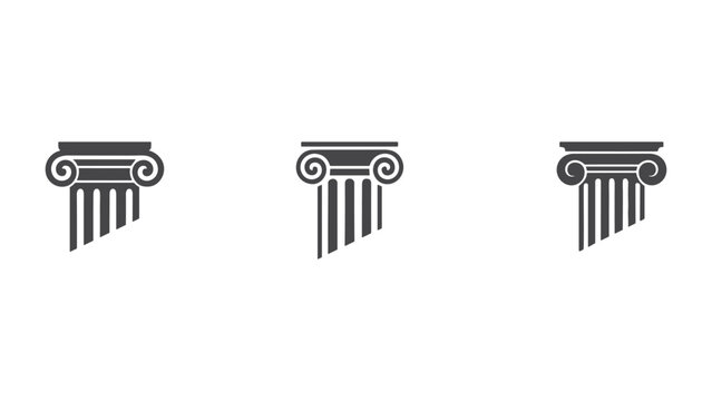 Set of three grey isolated ionic column capital icons representing ancient greek architecture and classic building design elements for historical construction projects