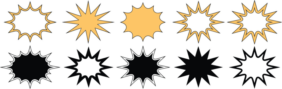 Comic, Explosion stars set, comic burst shapes, starburst speech balloons, boom stickers, explosion symbols, speech bubbles, comic book elements, and energetic communication graphics for websites.
