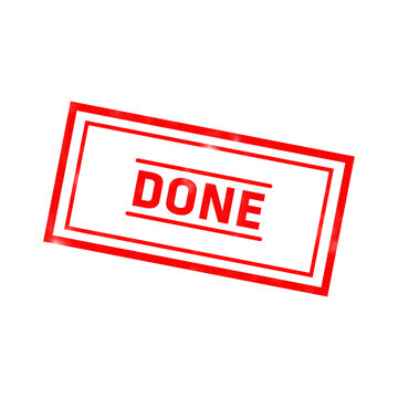 A bright red rectangular rubber stamp with the text done written in bold capital letters, isolated on a solid black background, style isolated on a transparent background