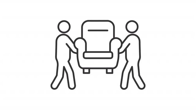 Animated people carrying armchair outline icon. Professional residential moving services animation. Furniture delivery. Home relocation assistance. Flat line motion graphic loop on transparent white
