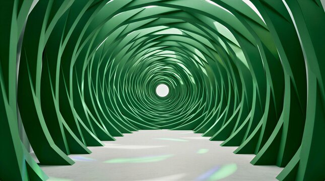 A tunnel made of stacked green geometric arches, each ring slightly rotated to form a spiral, with soft ambient lighting and clean matte material, viewed from the entrance.