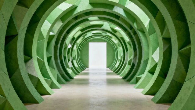 A tunnel made of stacked green geometric arches, each ring slightly rotated to form a spiral, with soft ambient lighting and clean matte material, viewed from the entrance.