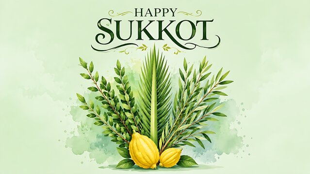 Happy Sukkot Banner with Four Species Watercolor Artwork Etrog and Lulav on Soft Green Background