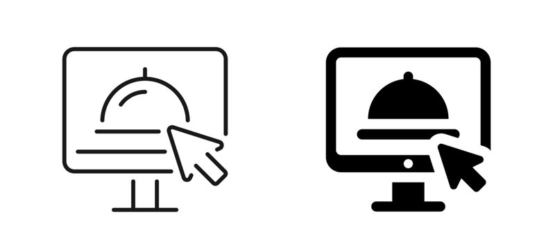 Online food ordering icon set. Computer, cloche, cursor, click. Flat and Line style collection.
