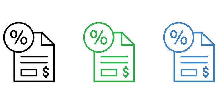 Set of three colorful financial document icons with percentage and dollar sign line art symbols.