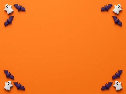 Halloween background with ghost and bat corner frame