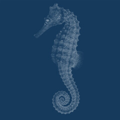 Seahorse marine life cyanotype halftone dot blueprint engraving. Circular dots vintage etching for ocean aquatic reef illustration. © Josnara