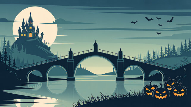 Stone bridge with castle and illuminated pumpkins creates a spooky halloween scene