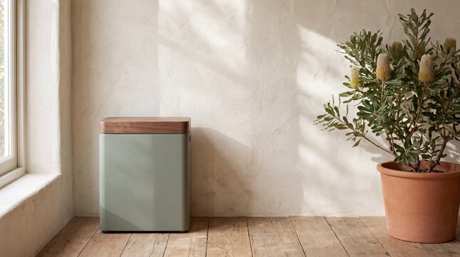 sustainable home energy, a compact battery storage unit rests beside a textured limewash wall and plant