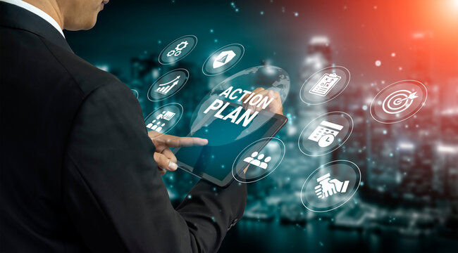 A business professional interacts with a tablet displaying an action plan. The abstract city background emphasizes innovation and strategy for success. Ledger