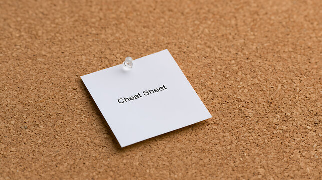 A white note card with text cheat sheet pinned to a brown cork board background office workspace study reminder concept memo message paper