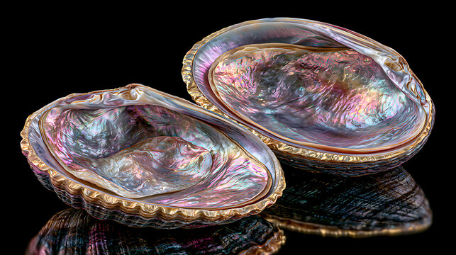 Two open clam shells display iridescent nacre against a black background