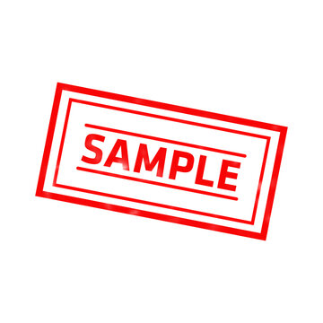 A red rubber stamp with the word sample centered inside a rectangular frame on a solid black background, for product demonstration isolated on a transparent background