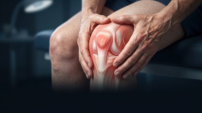 Hands holding knee joint with inflammation illustration overlay