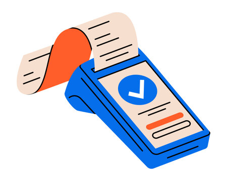 Hand drawn illustration of POS terminal with printed paper receipt. Flat vector credit card reader or NFC payment device doodle. Shopping fast checkout icon. Point of sale payment sticker. Isolated.