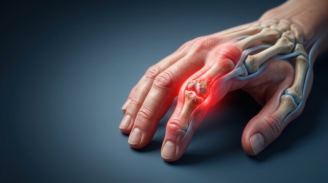 Human hand with inflamed knuckle joint and skeletal overlay