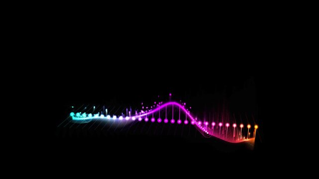 3D twisting digital waveform with bright gradient glowing particles. Futuristic voice assistant UI, podcast background, and DNA data stream animation.