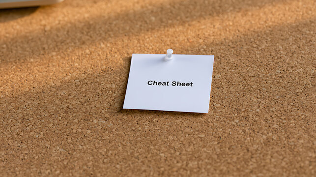 A white paper note with cheat sheet text pinned to a brown cork board surface in bright office light, professional workplace concept shot