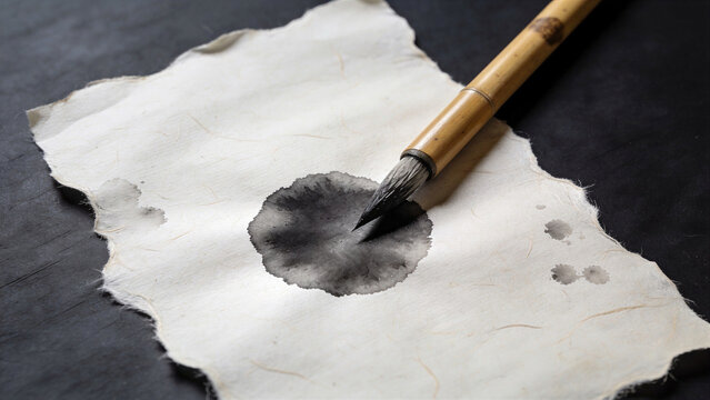 Traditional bamboo Sumi brush resting on handmade were deckle-edge paper beside a round black ink blot mistake. Asian calligraphy writing error.