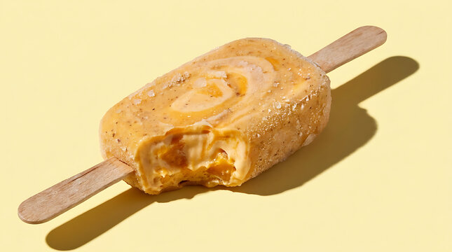 Close-up of bitten caramel ice cream bar on wooden stick