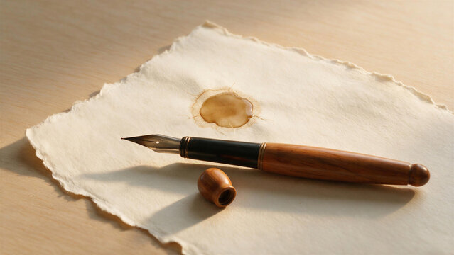 Wooden fountain pen resting next to a round brown ink stain mistake on handmade paper sheet on a wooden table. Writing error and stationery concept.
