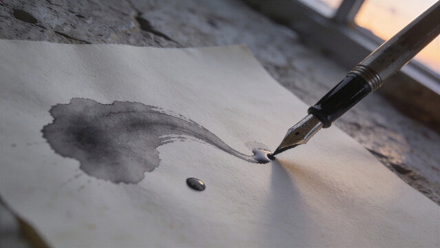 Fountain pen nib making a smeared black ink blot trail mistake on parchment paper by a sunlit window. Writing error and calligraphy accident.