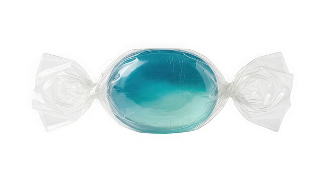 Bright blue candy wrapped in clear plastic twist tie for sweet treats and confectionery isolated on transparent background