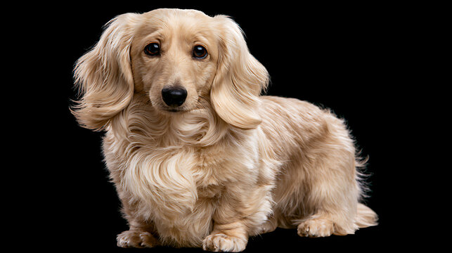 Cream long haired dachshund sits facing forward against a black background