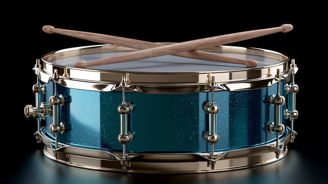 Blue metallic snare drum with crossed wooden drumsticks on black background