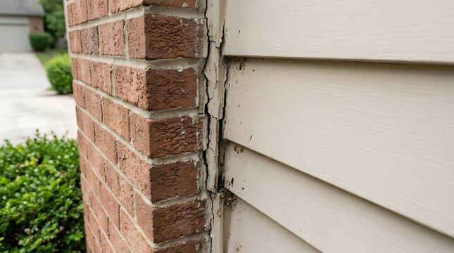 Cracked Exterior Trim Between Brick Wall and Beige Vinyl Siding