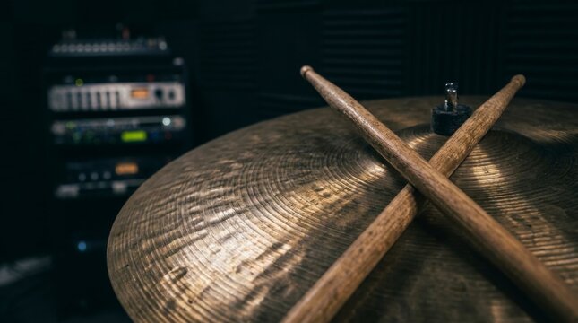 Close-up of wooden drumsticks resting on a brass cymbal with blurred audio equipment in the background of a music studio, concept of music, rhythm, and sound production