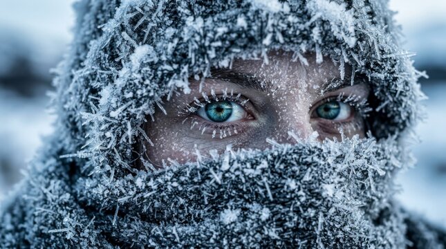 Close-up of a person's eyes and face covered in frost and ice crystals in a cold winter environment, concept of extreme cold and resilience