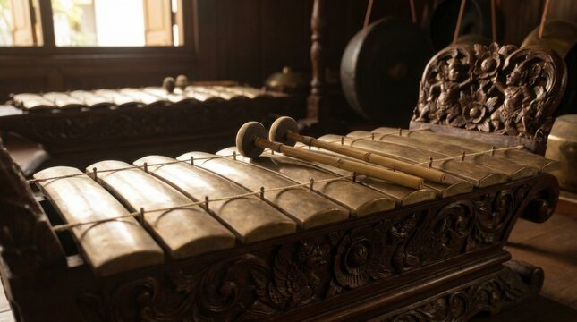 Traditional Indonesian Gamelan musical instrument, a wooden gambang with mallets resting on its keys, showcasing intricate carvings in a dimly lit cultural setting, concept of cultural heritage and tr