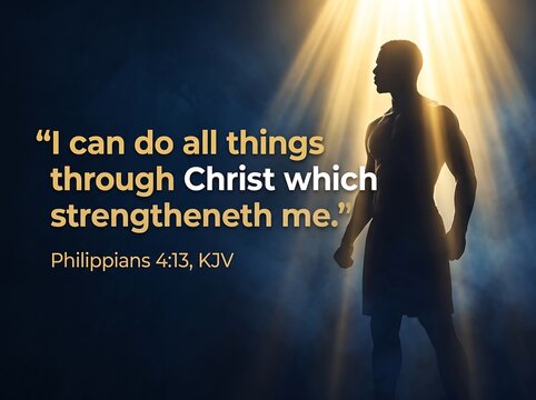 Silhouette of a man standing in a beam of light with the bible verse philippians 4 13