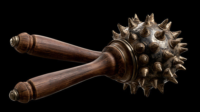 Medieval spiky mace with a wooden handle is isolated on black